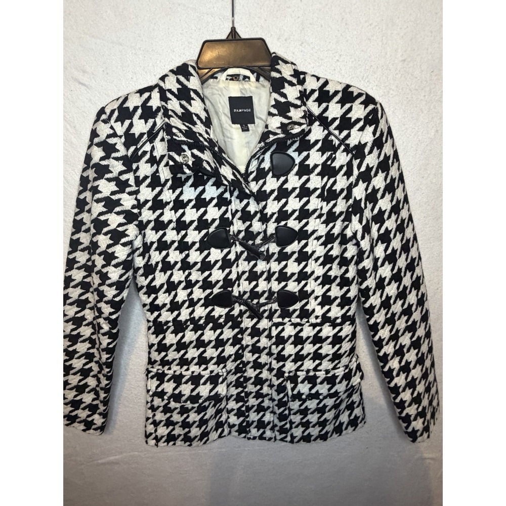 Rampage Women's Small Black White Houndstooth Toggle Coat Jacket Funnel Neck